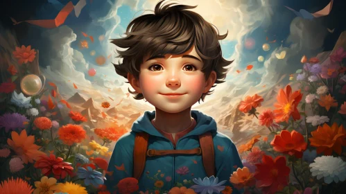 Smiling Boy in Field of Flowers Portrait