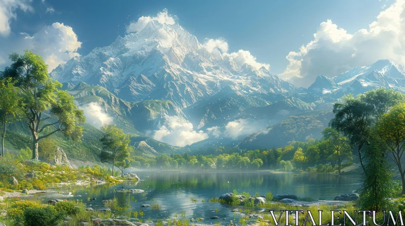 Tranquil Mountain Landscape with Snow-Covered Peaks and Lake AI Image