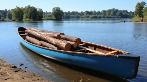 Tranquil River Landscape with Blue Canoe