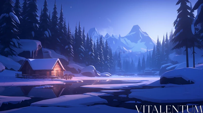 AI ART Winter Cabin Landscape - Serene Snowy Scene