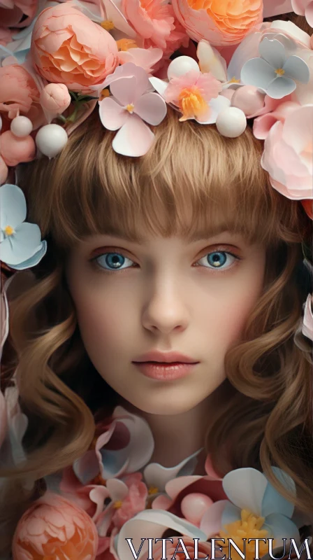 Young Maiden Amidst Flowers: A Photorealistic Portraiture AI Image