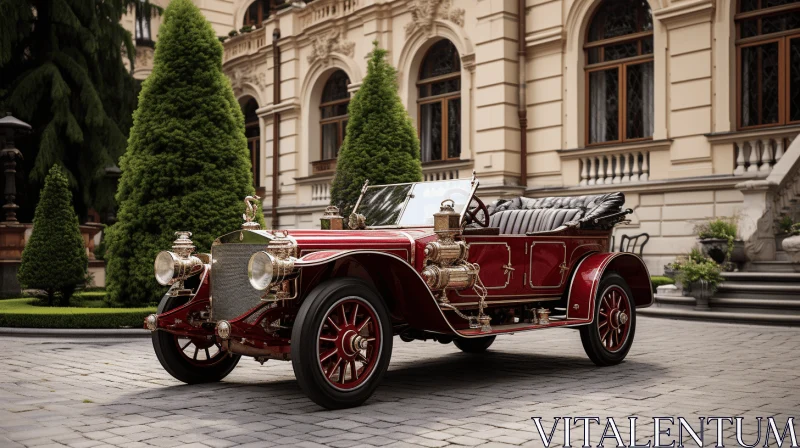 Antique Car Parked Outside a Beautiful Building - Red and Gold - Fine Lines and Intricate Details AI Image