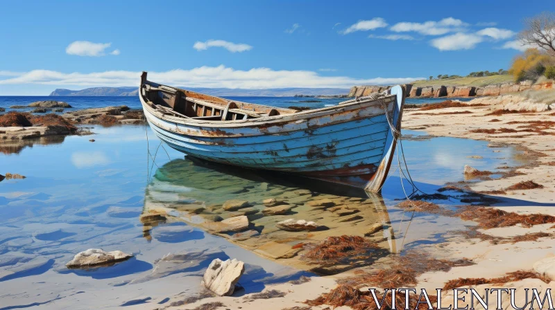 Blue Wooden Boat on Calm Sea Shore AI Image