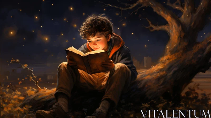 Boy Reading Book Surrounded by Fireflies AI Image