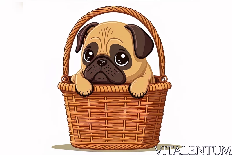 Captivating Cartoon Pug Dog Art in a Wicker Basket AI Image