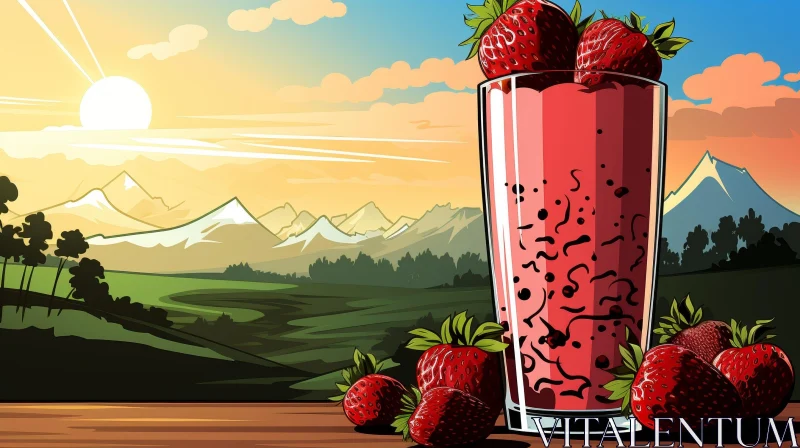 Cartoon Landscape with Strawberry Smoothie and Mountain View AI Image