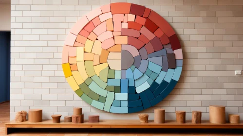 Circular Wood Mosaic Art on Brick Wall