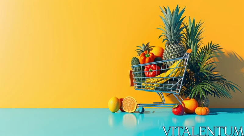 Colorful 3D Rendering of a Shopping Cart Filled with Fruits and Vegetables AI Image