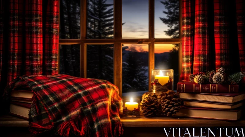 Cozy Window Seat in Winter Forest AI Image