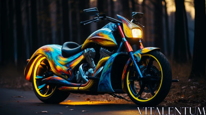 Custom Motorcycle in Dark Forest - 3D Rendering AI Image