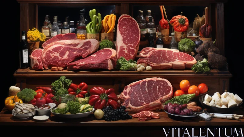 Delicious Still Life Composition of Meats, Fruits, and Vegetables AI Image