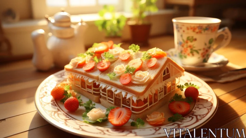 Delightful Sandwich Art: Bread, Cream Cheese, Strawberries, and Flowers AI Image