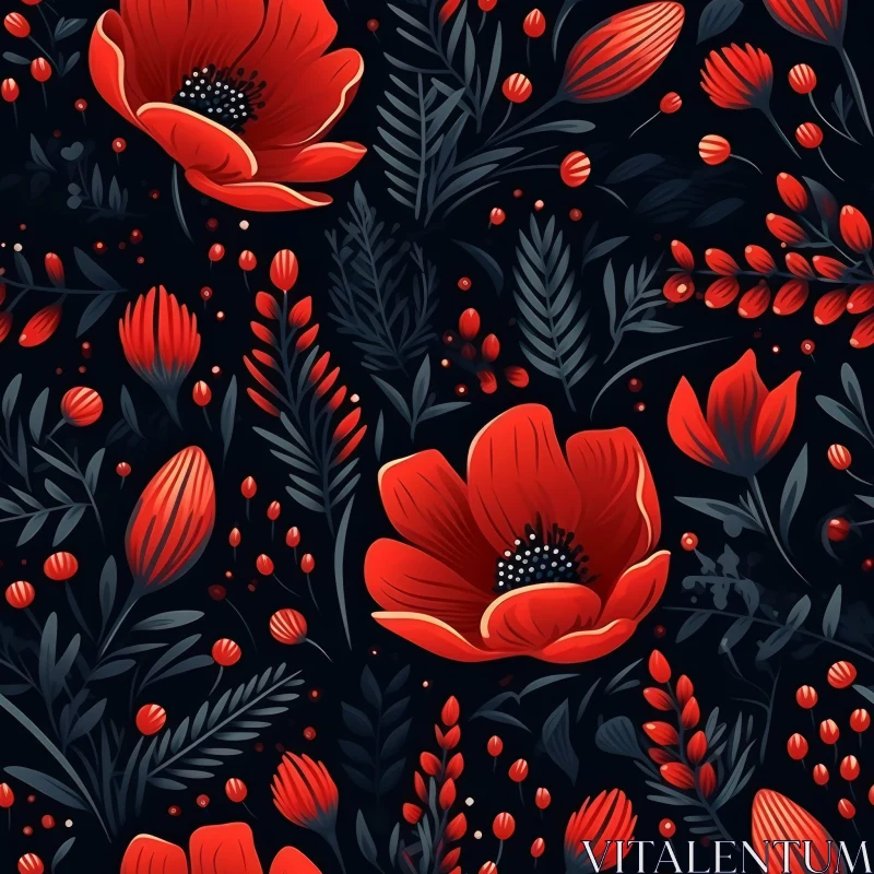 AI ART Elegant Floral Pattern with Red Poppies and Dark Blue Foliage