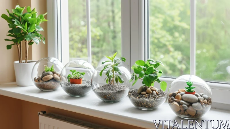 Enchanting Still Life: Glass Bowls with Plants on Window Sill AI Image