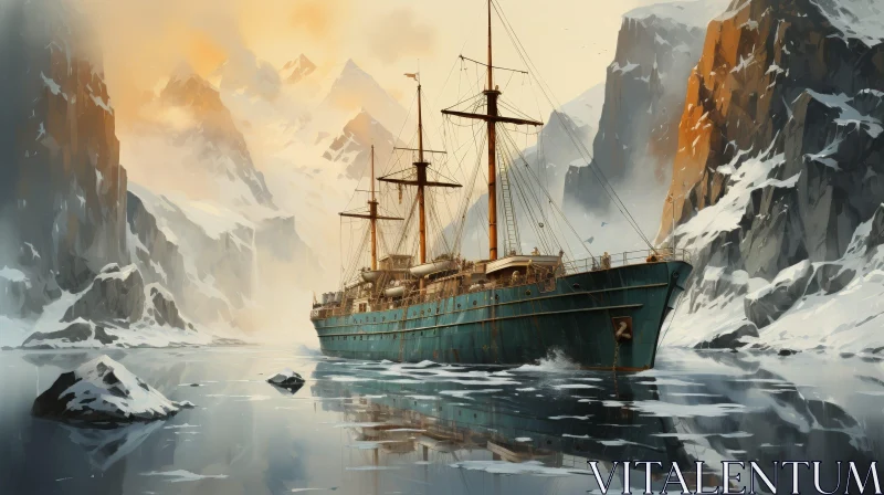 Frozen Sea Ship Painting - Majestic Nature Scene AI Image