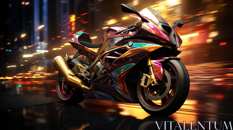 Futuristic BMW S1000RR Motorcycle in Night Cityscape AI Image