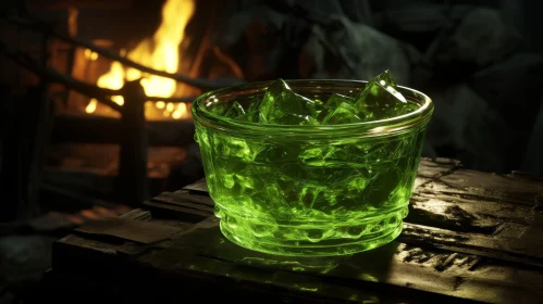 Green Glass Cup with Ice Cubes by Fireplace
