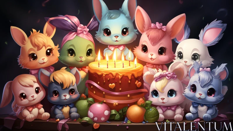 Joyful Cartoon Rabbits Birthday Celebration AI Image