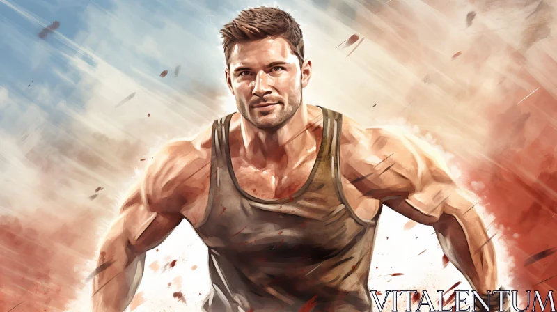 Muscular Man in Green Tank Top - Digital Painting AI Image