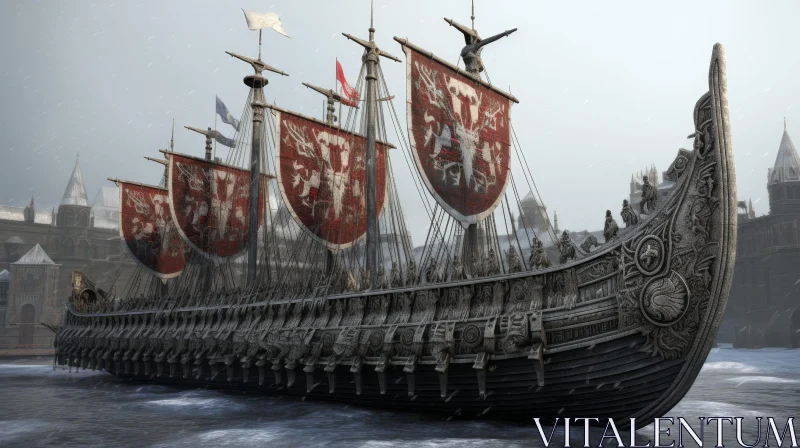Realistic Digital Painting of Viking Ship in Harbor AI Image