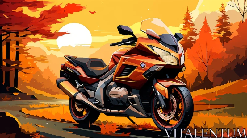 Red and Orange Motorcycle in Forest at Sunset AI Image