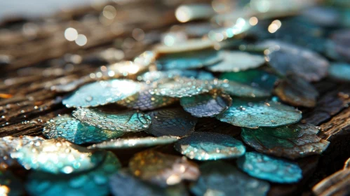 Shiny Seashells on Wooden Background with Water Drops