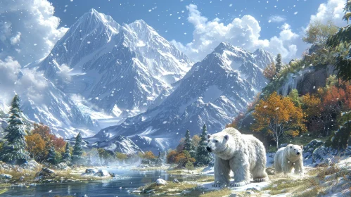 Snowy Mountain Range with Polar Bears - Nature Landscape