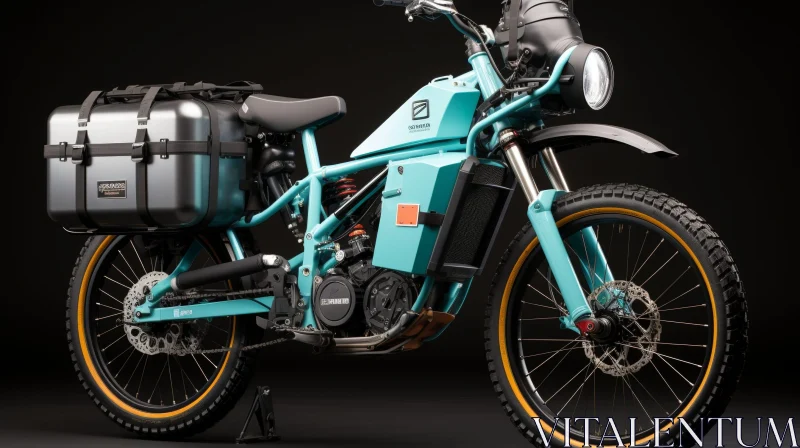 Turquoise Electric Motorcycle with Black Seat and Silver Cases AI Image