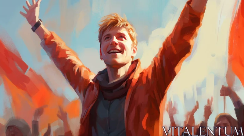 Young Man in Red Jacket Celebrating with Crowd AI Image