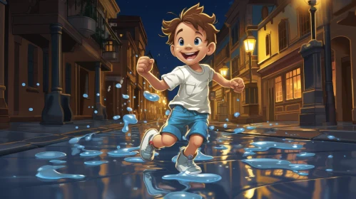Boy Running in Rainy Street Cartoon Illustration
