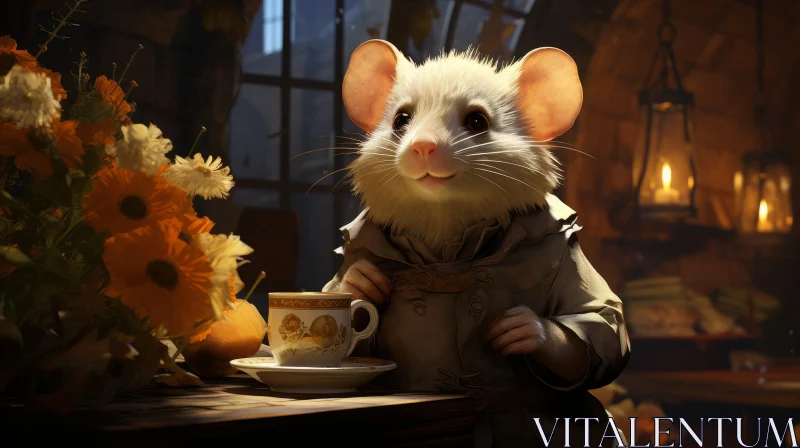 Charming White Mouse Tea Time Scene AI Image