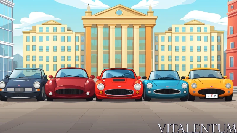 Classic Cars Parked in Front of Grand Building AI Image