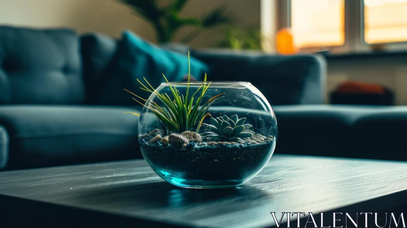 Close-up of a Green Terrarium on a Dark Wooden Table AI Image