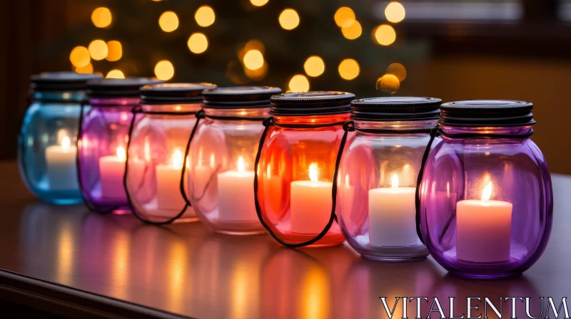 Colorful Glass Jars and Candles on Wooden Table AI Image