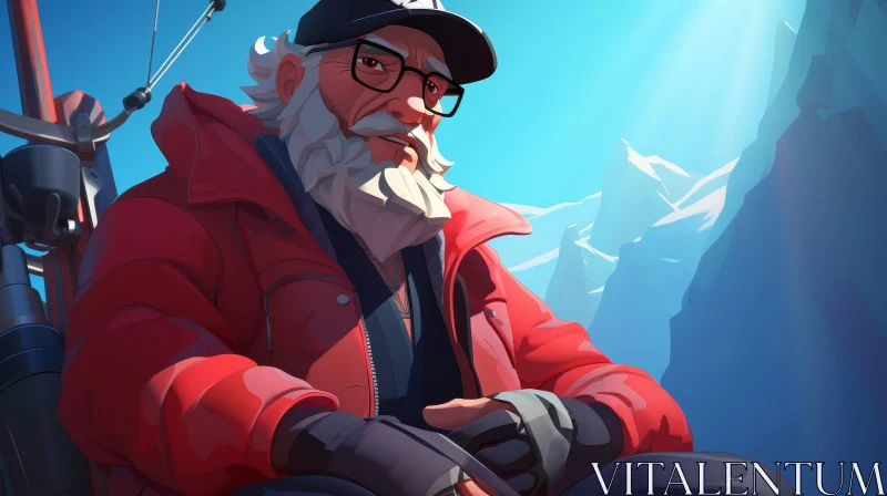 Elderly Man in Red Jacket Sitting in Mountains AI Image