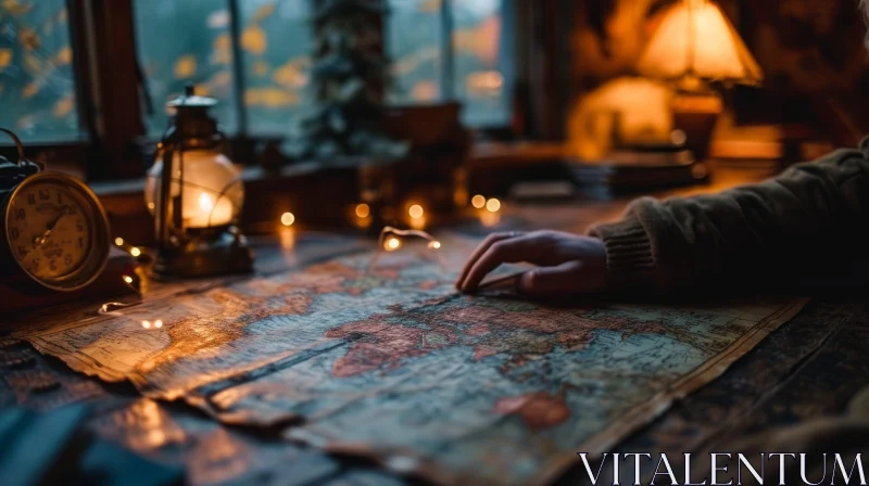 Enchanting Hand Pointing at World Map on Wooden Table AI Image