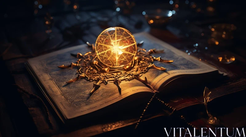 Enigmatic 3D Render of Glowing Orb on Book AI Image