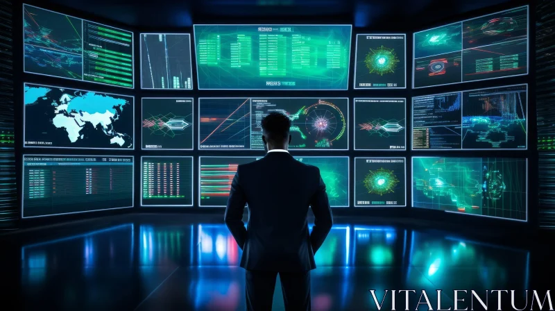 Enigmatic Man in Black Suit Surrounded by Technology Screens AI Image