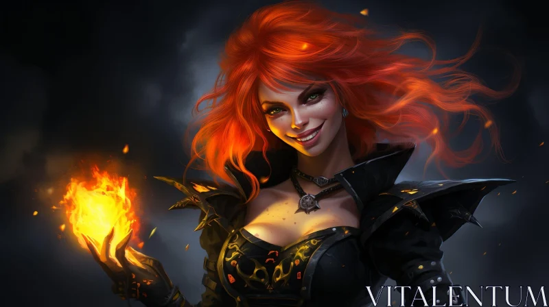 Enigmatic Red-Haired Woman Portrait with Flame AI Image