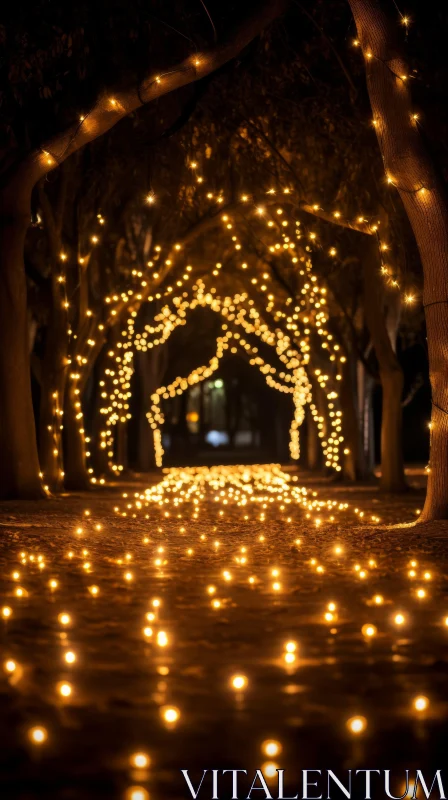 Fairy Tale Pathway with Twinkling Lights: A Celebratory Nature Scene AI Image