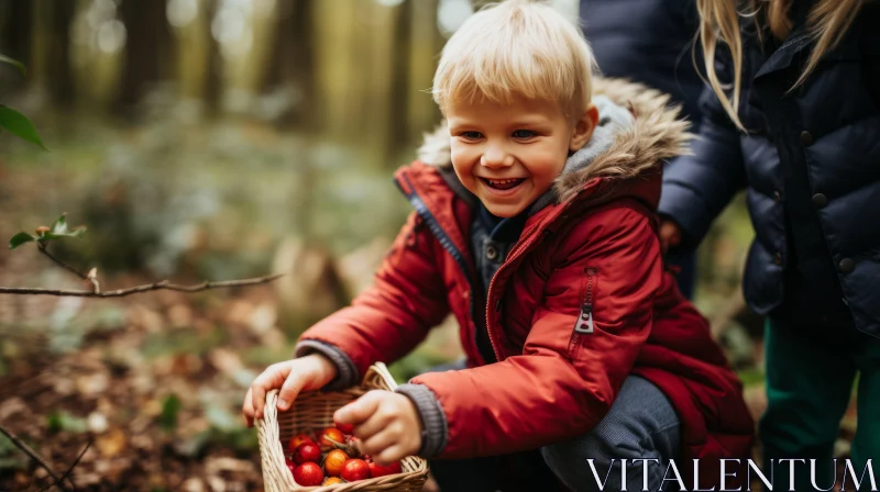 Joyful Boy Picking Berries in Forest - Childhood Innocence and Nature AI Image