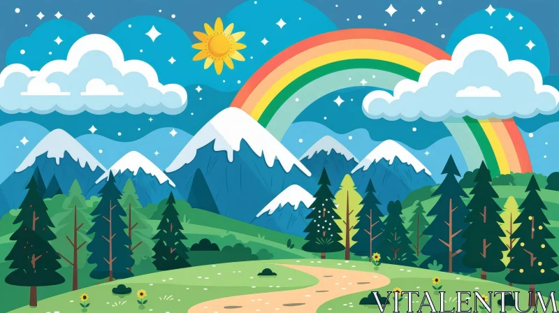 Mountain Landscape Illustration with Rainbow AI Image