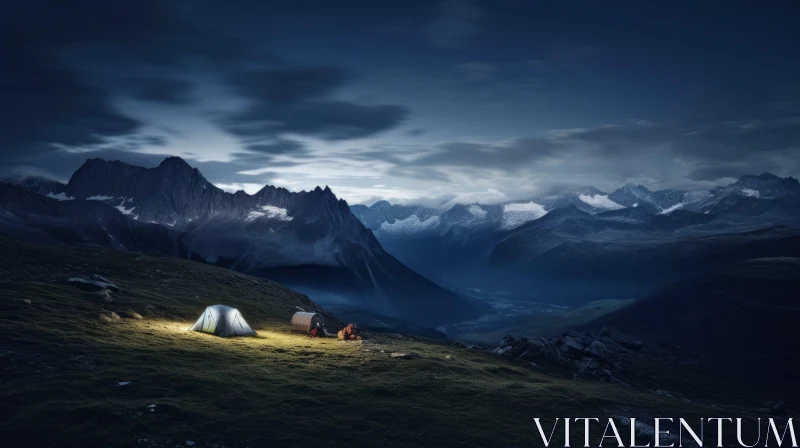 Nighttime Campsite in Snowy Mountains with Glowing Campfire AI Image
