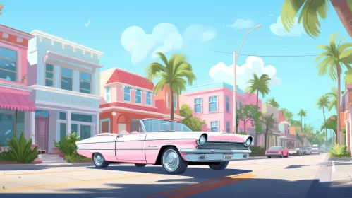 Pink Cadillac Convertible in Tropical City