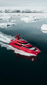 Red Luxury Yacht Sailing Through Icebergs in Deep Blue Sea