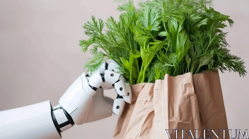 Robotic Hand Holding Green Dill in Paper Bag AI Image