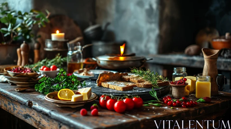 Rustic Table Still Life: Abundant Food Arrangement AI Image