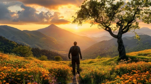 Serene Sunset: Man on Hilltop Amidst Mountains at Dusk