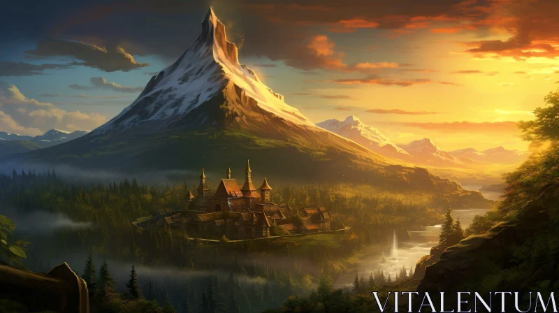 Snowy Mountain Sunset Landscape with River and Castle AI Image