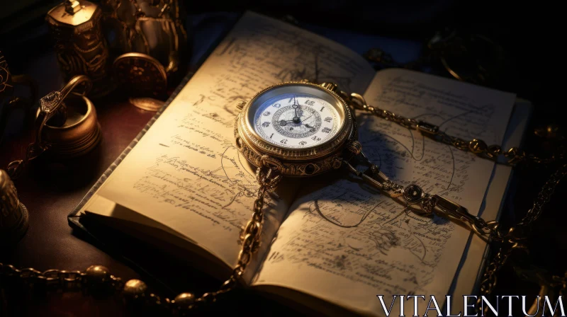 Steampunk Pocket Watch on Rococo-Inspired Book Tableau AI Image